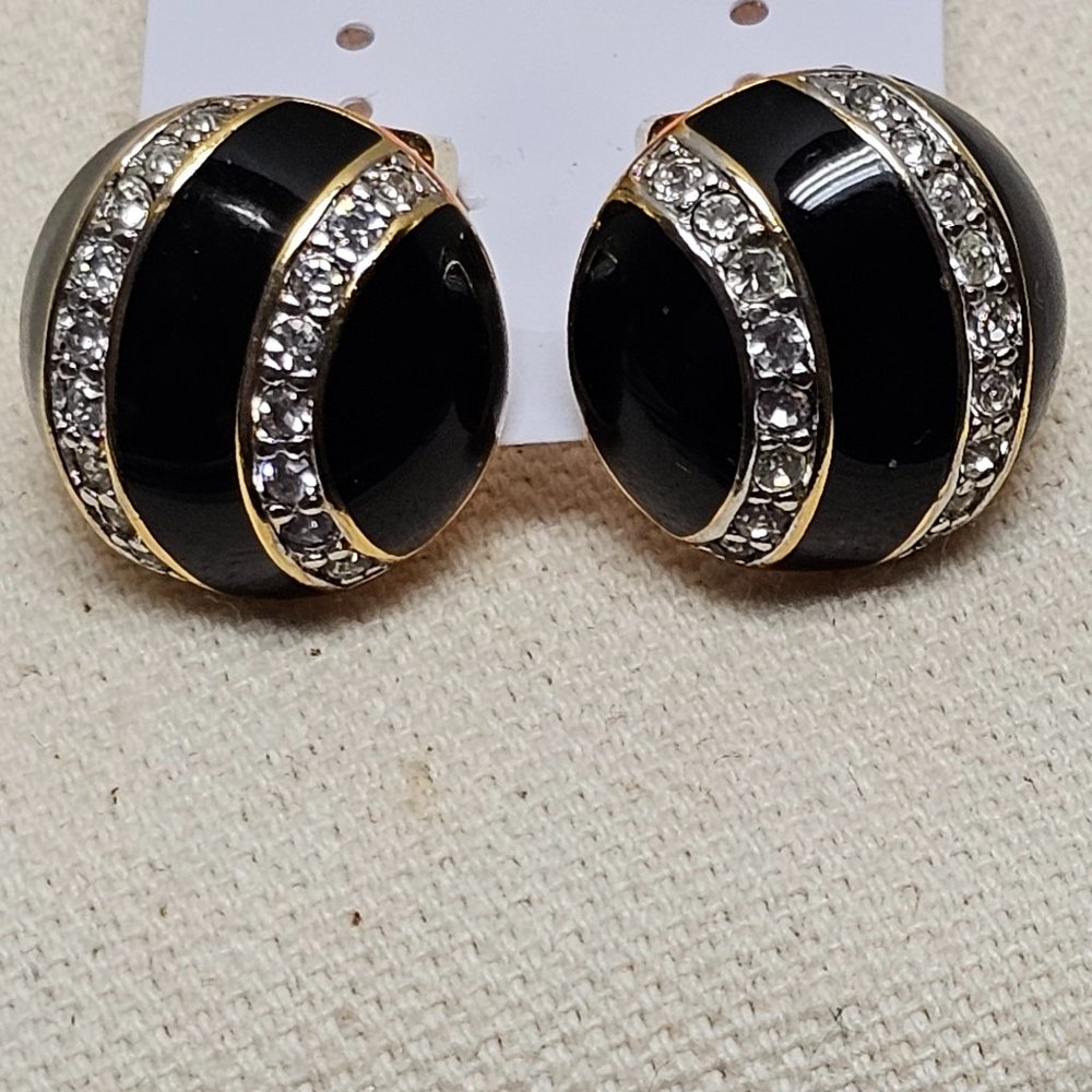 Soleil Womens Black Enamel Rhinestones Crystal Clip Gold Tone Earrings Signed